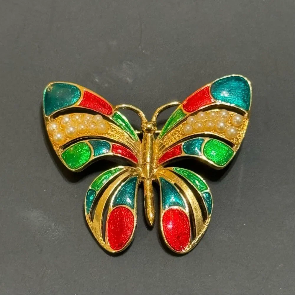 Colorful Gold Butterfly Brooch with Pearl Accents